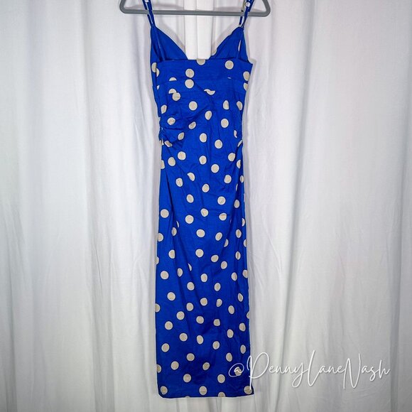 Zara Linen Blend Polka Dot Ruched Midi Dress Blue/Tan - Picture 11 of 13